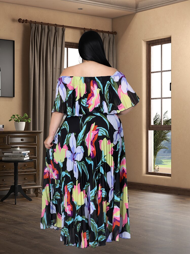 Aovica Elegant Temperament Chiffon Plus Size Dress Women's  New Straight Shoulder Lotus Leaf Edge Party Dress  Dropshippin