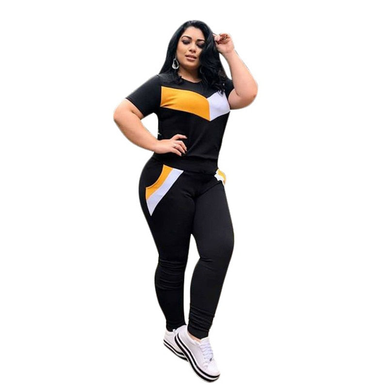 Aovica Plus Size 2 Piece Set Women Tracksuits Patchwork Crop Top Short Sleeve Leggings Jogger Sport Suit Stretch Wholesale Dropshipping