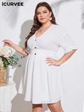 Aovica Plus Size Women's White Dress 2023 Summer Short Sleeve  V Neck Casual Shirt Sundress Ladies Buttons Party Mini Robe