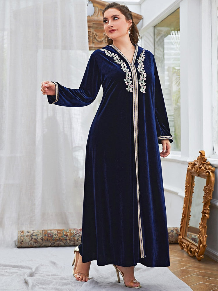 Aovica Plus Size Muslim Women Dress Solid Blue With Floral Embroidery 2023 Autumn Lady Elegant Outfits Casual Hoodies Robe