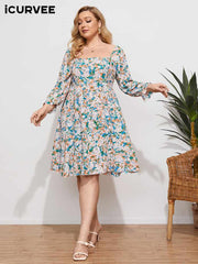 Aovica Plus Size Bohemian Summer Dress 2023 Vintage Long Sleeve  Square Collar Knee-length Party Sundress Holiday Vestidos