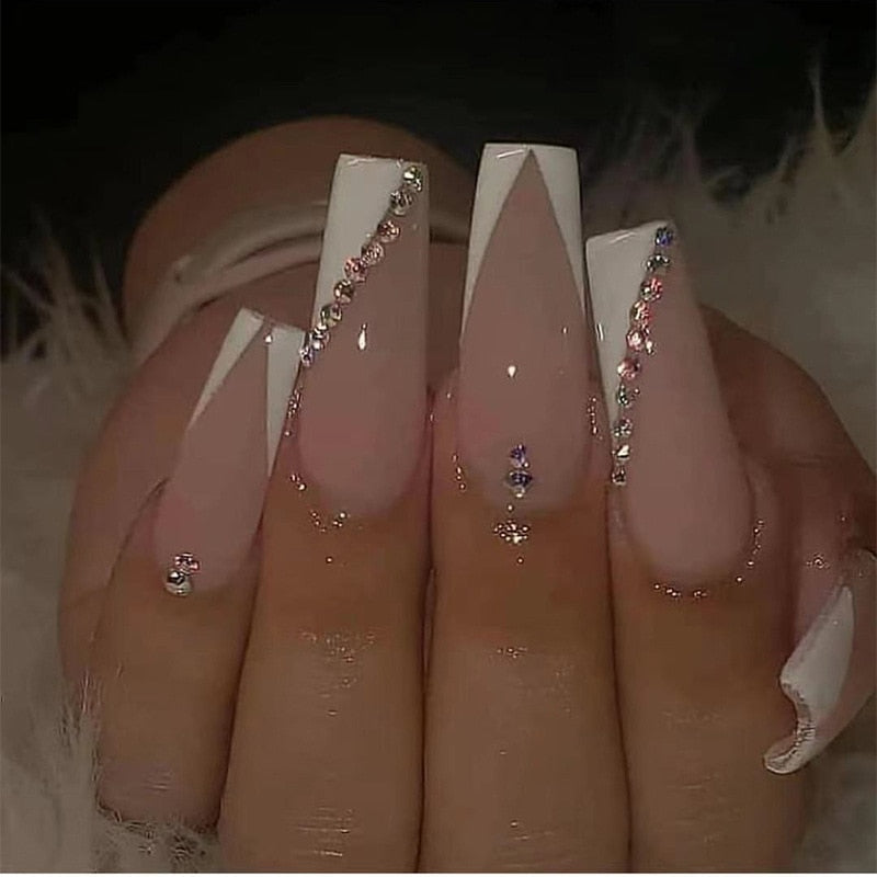 Aovica 24Pcs False Nails With Glue Flower Design Long Coffin French Ballerina Fake Nails Full Cover Acrylic Nail Tips Press On Nails