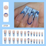 Aovica- 24pcs/Box Gradient Nail Art Patches False Nails Short Square Nail Blue Starry Glitter Teardrop Diamond Fake Nail Tips