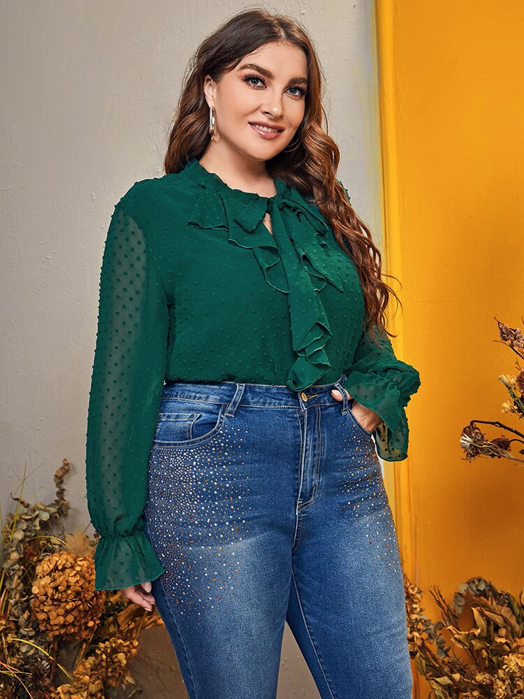 Women's Large Plus Size Blouse Long Sleeves 2023 Spring Hollow Out Draped Shirt Office Lady Green Clothing With Tie Belt