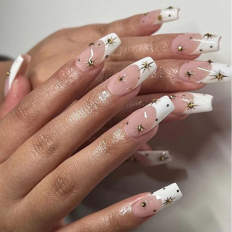 Aovica 24Pcs False Nails With Glue Flower Design Long Coffin French Ballerina Fake Nails Full Cover Acrylic Nail Tips Press On Nails