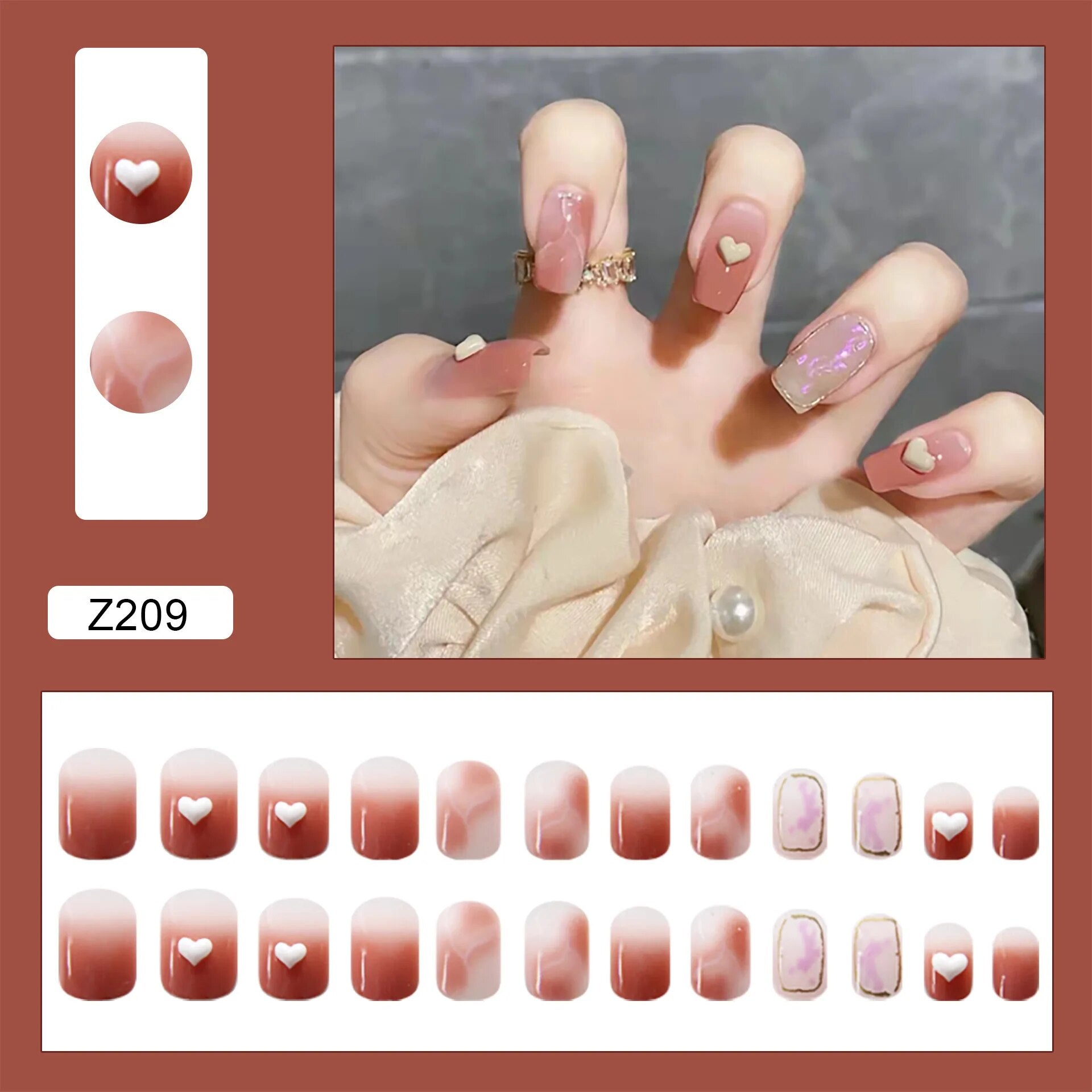 Aovica- 24pcs/box Detachable Fake Nails Set Heart Smudge Full Nail Art Tips Short Square Artificial False Nails Tips With Wearing Tools