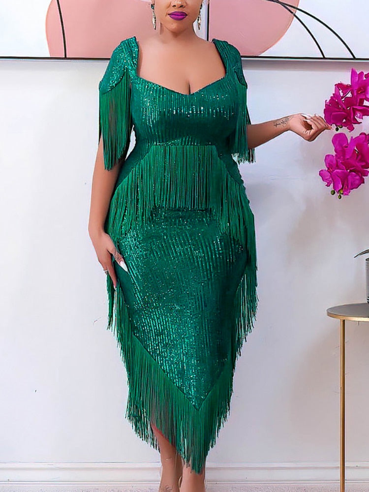 Aovica Summer Women Party Prom Dresses Sequin Tassels Midi Bodycon Dress  Luxury Irregular Tunics Evening Birthday Outfits 2023 4XL