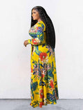 Aovica Plus Size Dresses Elegant Ladies V Neck Floral Dress With Sash Straight Maxi Dress Long Sleeve