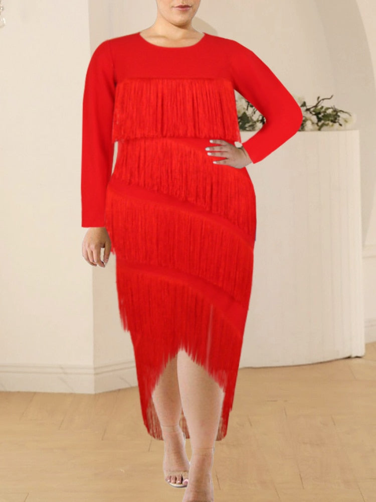 Aovica Plus Size Tassel Dresses Women O Neck Long Sleeve Irregular Fringe Office Lady Evening Birthday Party Event Gowns Outfits Autumn