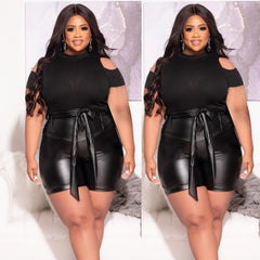 Aovica Plus Size Fashion Two Pieces Set Short Sleeve Hollow Out Top PU Lace Up Shorts With Zipper Women Tracksuit Casual Outdoor Outfit