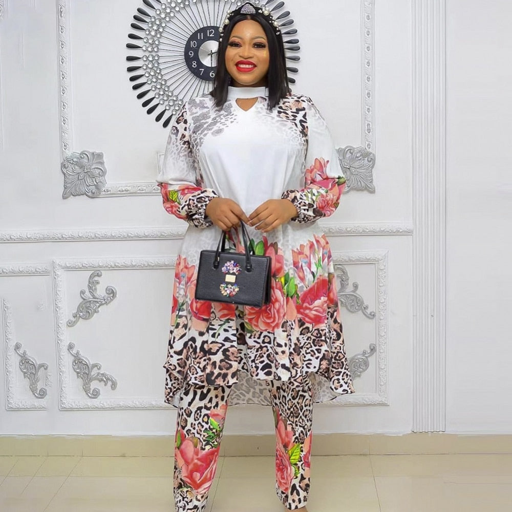 Aovica 2 Piece Set Women Africa Clothes 2023 African Dashiki New Fashion Two Piece Suit Long Tops And Pants Party Big Size For Lady