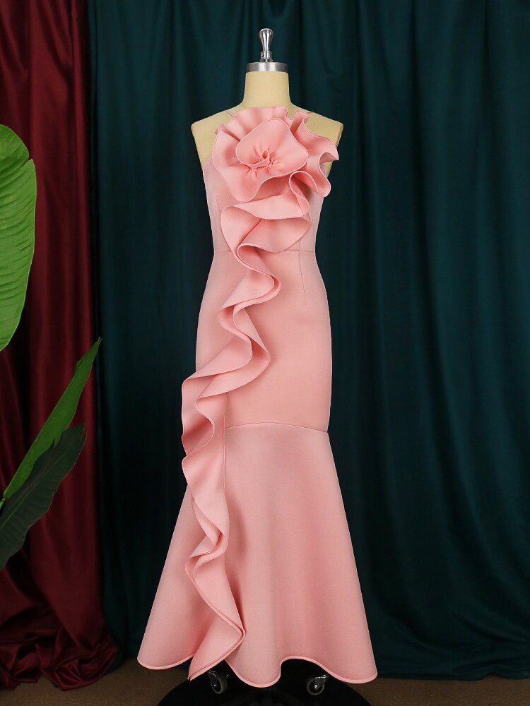 Aovica Pink Long Prom Dresses Backless Flower Ruffles Birthday Evening Party Outfits Plus Size  Strap Gowns Summer 2023