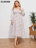 Aovica Bohemian Long Dress 2023 Summer Long Sleeve Flower Printed Party Sundress  Square Collar Casual Beach Robe Plus Size