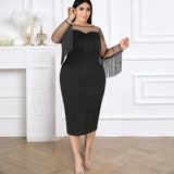 Aovica Black Dresses Plus Size 4XL Long See Through Sleeve Mesh Tassel Patchwork Cocktail Evening Party Gowns Outfits Fringe Dress 2023