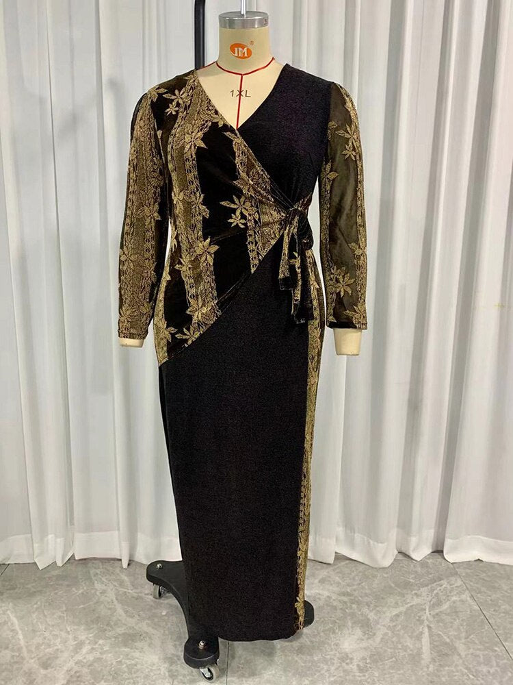 Aovica Women Plus Size Maxi Dresses 2023 New Autumn Winter Long Sleeve Luxury Chic Elegant Turkey African Party Evening Clothing