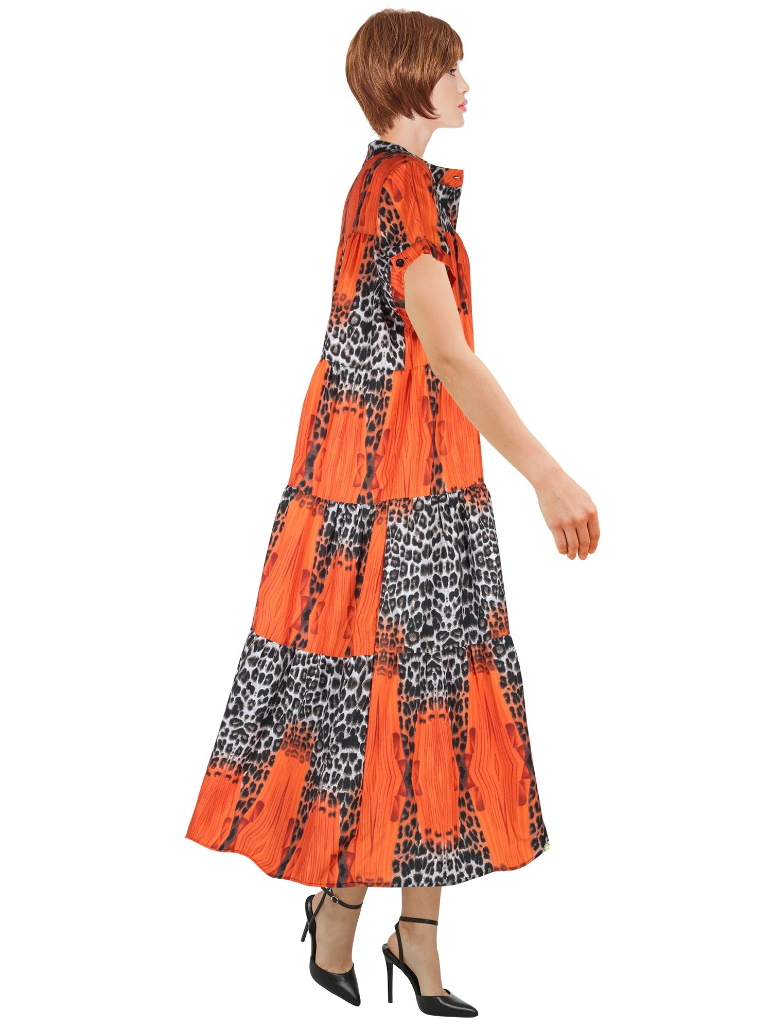 Aovica Animal Print Leopard A-Line Dress Women's Patchwork Mandarin Collar Short Sleeve Female Shirt Dress Big Hem