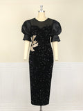 Aovica Sequin Black Dresses Velvet Embroidery Chest Wrapped Puff Sleeve Sparkly Dress Classy Ladies Spring Party Celebrity Birthday 4XL