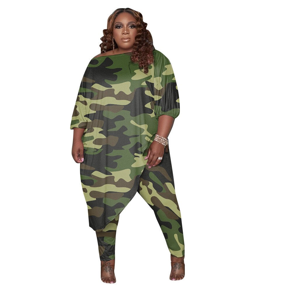 Aovica Autumn Style Trendy Plus Size Women Clothing Tracksuit Womens Long Loose Camouflage Oblique Shoulder Urban Streetwear