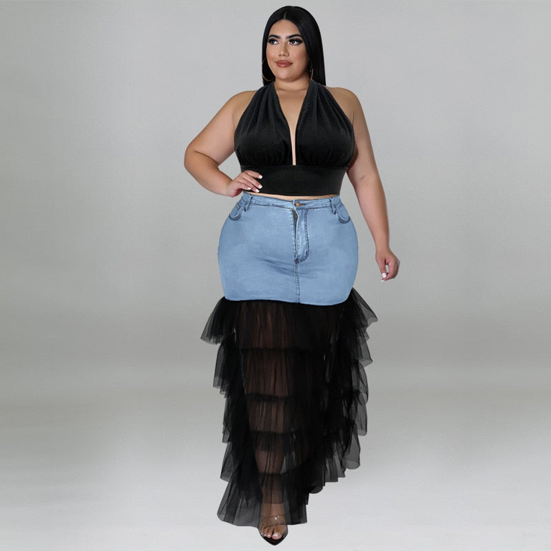 Aovica Plus Size  Two Piece Set Dress V Neck Halter Top Denim Ruffles Sheer Mesh Patchwork Skirt Suits Streetwear Clothings 2023