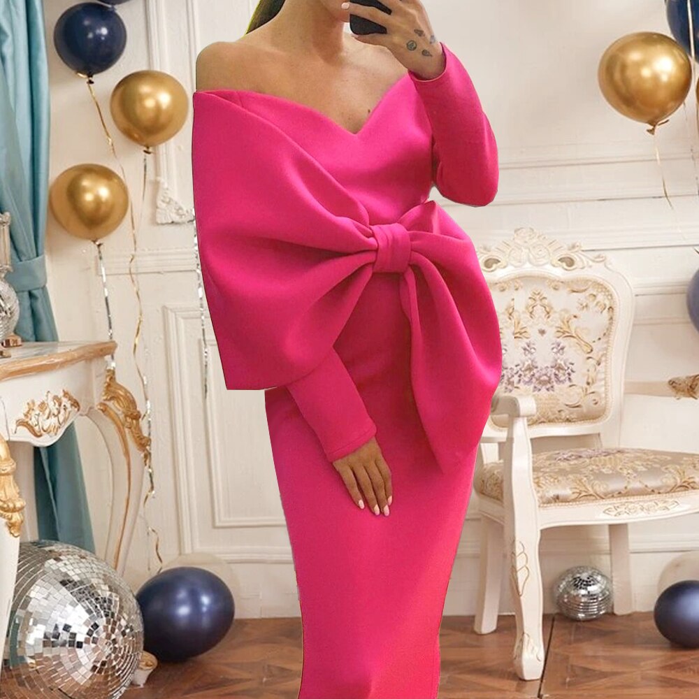 Aovica 2023 Women Long Party Dresses Bare Shoulder Big Bow Large Size Slim  Dresses Celebrity Birthday Dinner Occasion Gowns