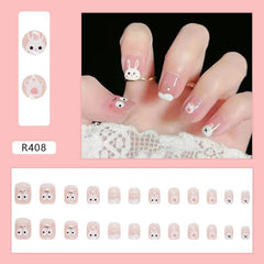 Aovica- 24pcs/box Press On False Nails Cute Bunny Nail Art Wearable Fake Nails Short Square Nails With Wearing Tools As Gift