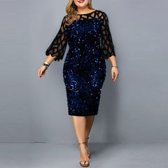 Women Dress Plus Size Elegant Sequin Christmas Evening Party Dresses 2023 Lady Autumn Mesh Sleeve Casual Midi Dress Club Outfits