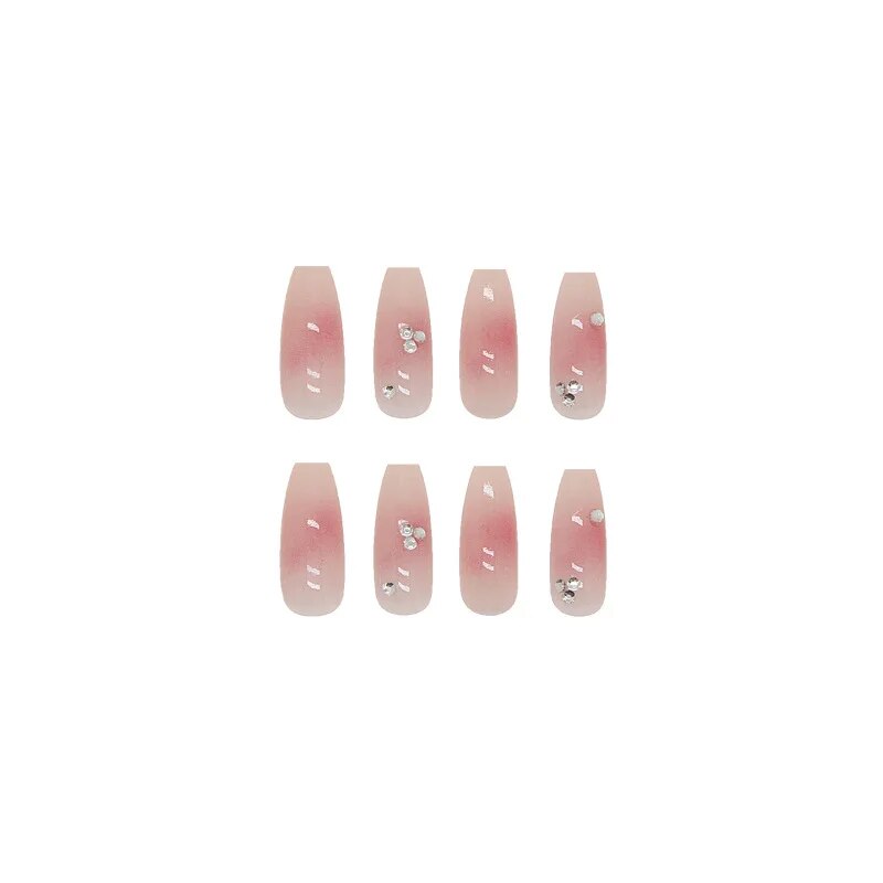 Aovica- 24Pcs/Set Long Fake Nails French Crystal Pink Artistic Line Nail Arts Manicure False Nails With Design For Nails Extension