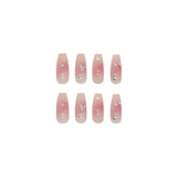 Aovica- 24Pcs/Set Long Fake Nails French Crystal Pink Artistic Line Nail Arts Manicure False Nails With Design For Nails Extension