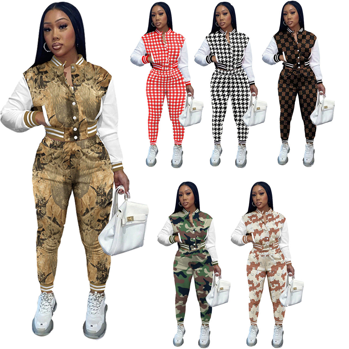 Aovica Fashion New Coat Long Sleeve Jacket Baseball Jacket Top+Trousers Two-Piece Set Button Sports Fashion Casual Suit