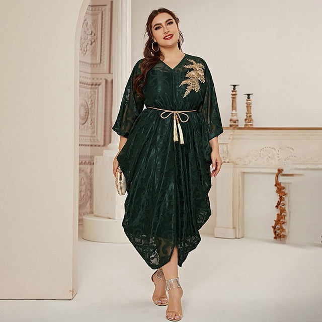 Aovica  Women's Elegant Plus Size Oversized Midi Dresses 2022 Spring Green Belt Large Muslim Evening Party Festival Rave Clothing