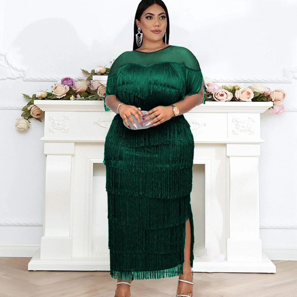 Aovica Elegant Tassel Long Dresses Bodycon Tulle Patchwork Curvy Plus Size Women Clothes Birthday Evening Party Event Gowns Dress 4XL
