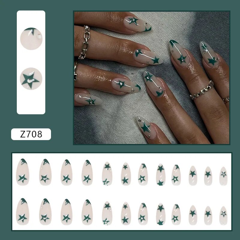 Aovica- 24pcs/Box Gradient Nail Art Patches False Nails Short Square Nail Blue Starry Glitter Teardrop Diamond Fake Nail Tips