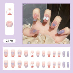 Aovica- 24Pcs/Set Short Ballet Fake Nails French Contracted Artistic Line Nail Arts Manicure Butterfly Heart False Nails With Design