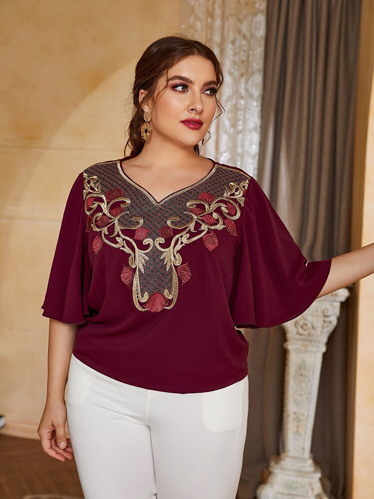 Aovica Fashion Ethnic Shirt Women Large Plus Size Blouse 2023 Summer Oversize Lady Outfits With Embroidery Red Causal Clothing