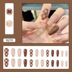 Aovica- False Nail Art Wearable Press On Fake Nails Tips Twisted Chessboard False Nail 24pcs/box With Wearing Tools As Gift