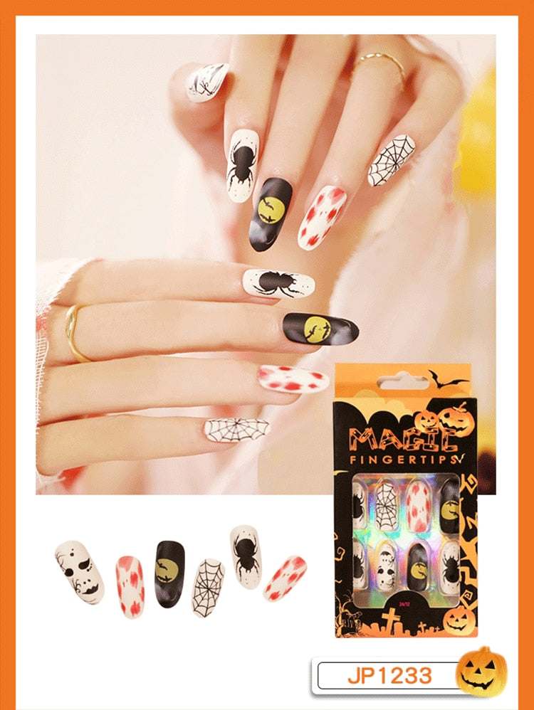 Christmas Aovica False Nails Press On Set Almond Black Ghost Design Long Fake Nail Pumpkin Pressure Decorated Adhesive Nail Tips 24Pcs