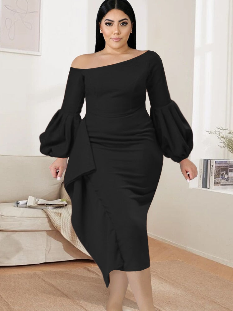 Aovica Off Shoulder Bodycon Dresses Plus Size Women Lantern Long Sleeve Ruffles Evening Birthday Party African Gowns 2023 Autumn New
