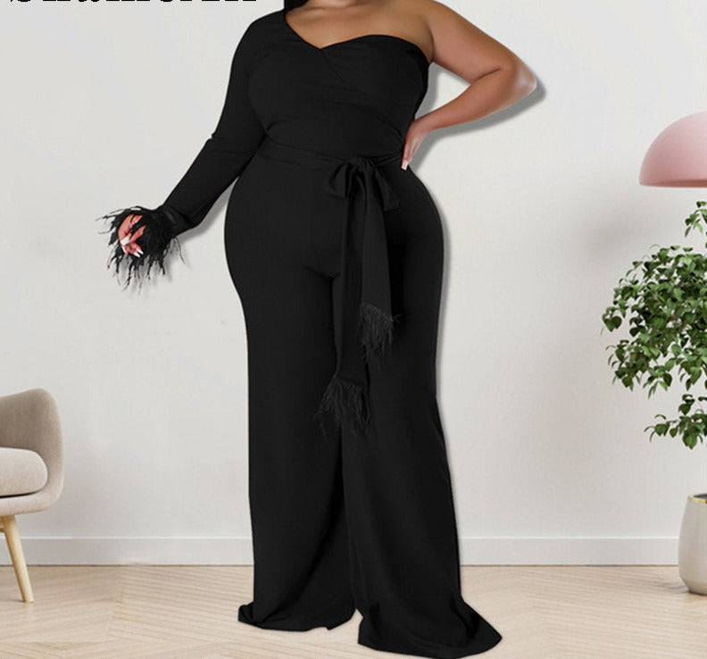 Aovica Plus Size Feather Patchwork Bodycon Jumpsuits 4XL Women Sexy One Shoulder Long Sleeve Belted Long Pant Overall Romper Playsuits
