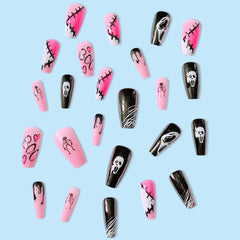 Christmas Aovica False Nails Press On Set Almond Black Ghost Design Long Fake Nail Pumpkin Pressure Decorated Adhesive Nail Tips 24Pcs