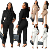 Aovica Spring Fashion Long Sleeve Top And Pants Two Piece  Open Waist Wide Leg Pants Set Casual Elegant Office Set