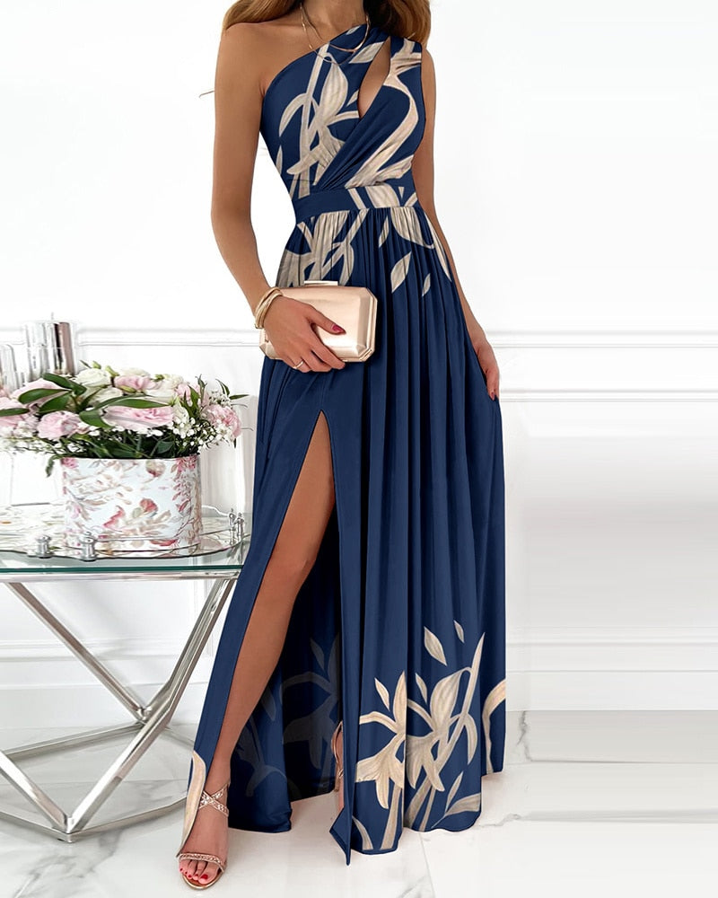 Aovica 2023 Summer Elegant One Shoulder Floral Print High Slit Cutout Maxi Party Dress Asymmetric Women Long Wedding Evening  Robes