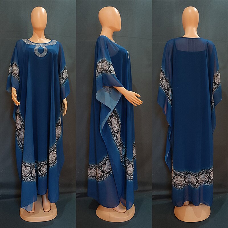 Aovica  African Dashiki Print Dresses For Women Plus Size Chiffon Boubou With Inner Dress Muslim Dubai Abayas Turkey Wears Outfits
