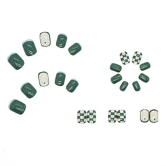 Aovica- Press On Nails Green Grid Nail Patch Retro Blue Brown Short Nail Tips French Style Removable 24pcs False Nail With Wearing Tools