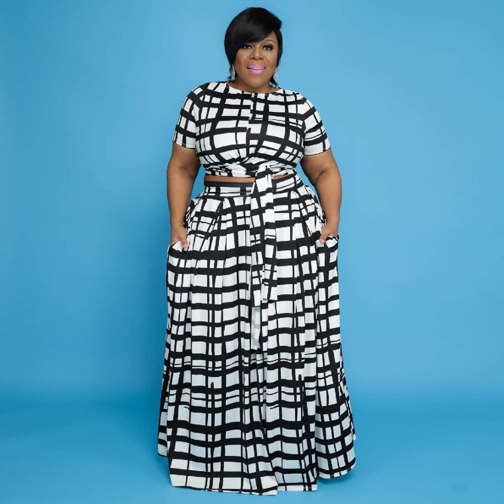 Aovica Plus Size Women Clothing Two Piece Dress Sets Wholesale Dot Print Crop Top Elastic Waist Maxi Skirt Fall Clothes Urban