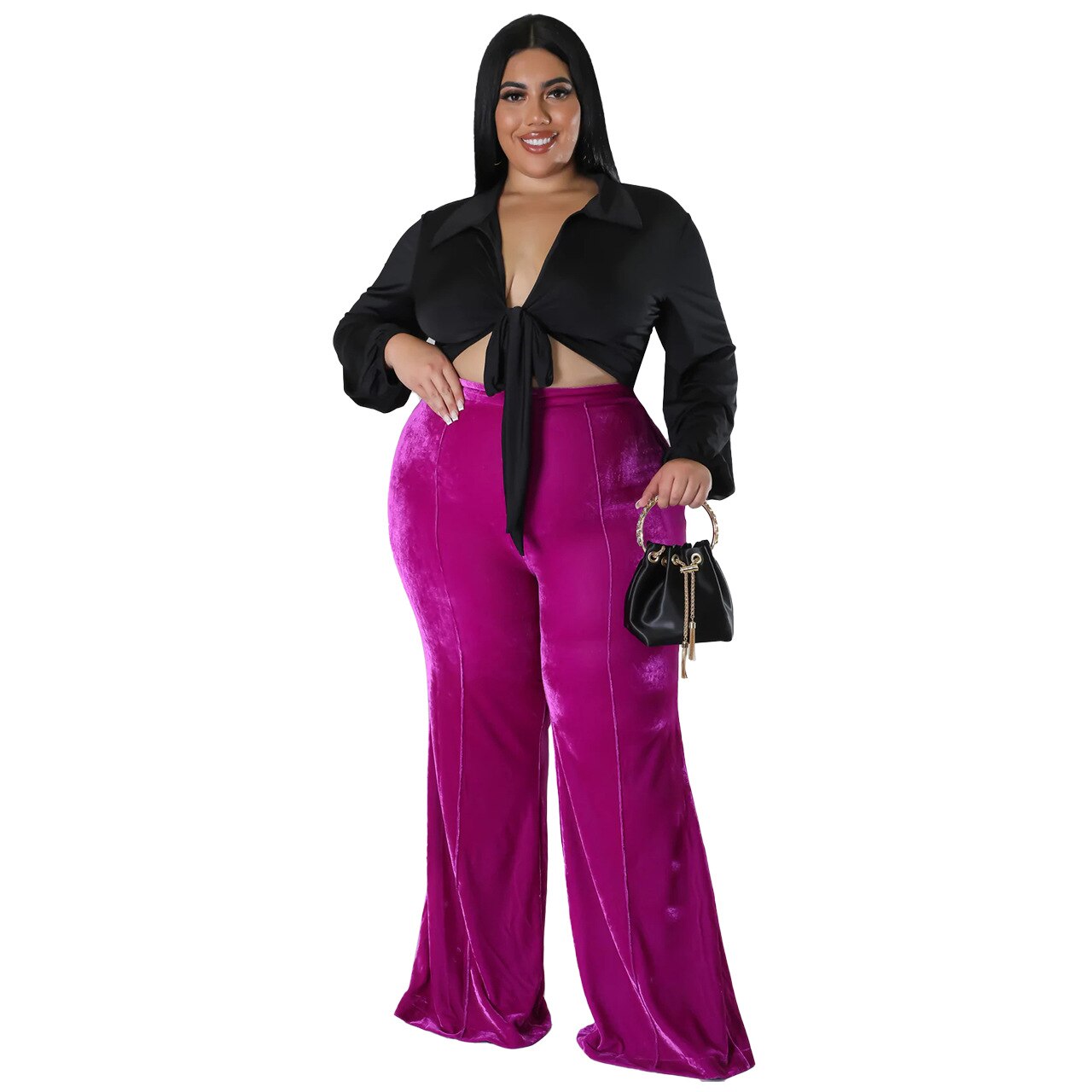 Aovica Plus Size Velvet High Waist Full Length Flare Pants Fashion Elegant Christmas Women Bottoms Autumn Winter Streetwear Casual Wear