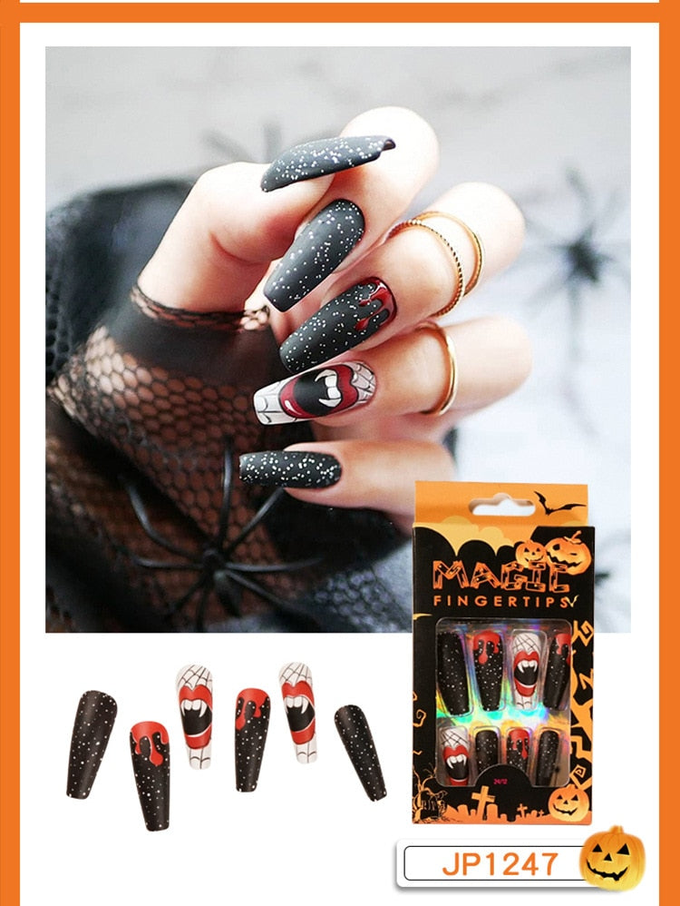 Christmas Aovica False Nails Press On Set Almond Black Ghost Design Long Fake Nail Pumpkin Pressure Decorated Adhesive Nail Tips 24Pcs