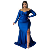 Plus Size Women's  V-Neck Maxi Dresses Elegant Party Nightclub Mermaid Dress Lady Solid Split Floor Long Evening Dress