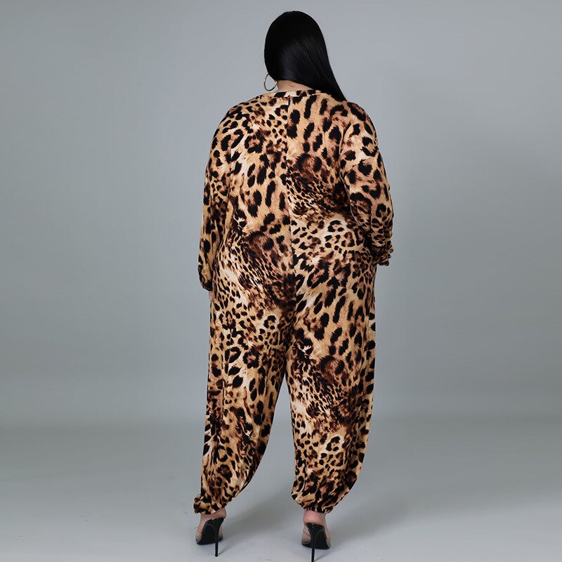 Aovica Plus Size Leopard Printed Loose Jumpsuit For Women V Neck Long Sleeve Corss-Pants One Piece Fashion Streetwear Overall Playsuit