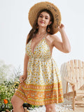 Aovica  Halter Mini Dress Women Bohemian Printed Plus Size Summer Party Sundress 2023 V Neck Sleeveless Backless Beach Robe