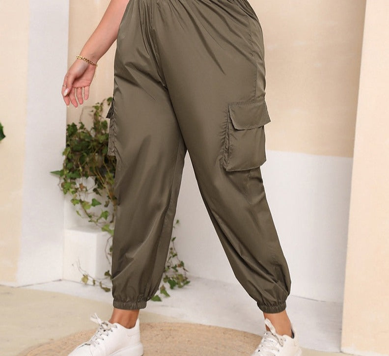Aovica Plus Size Army Green Pockets Patchwork Cargo Pant 4XL Women Streetwear Elastic Waist Loose Baggy Wide Leg Joggers Harem Trousers